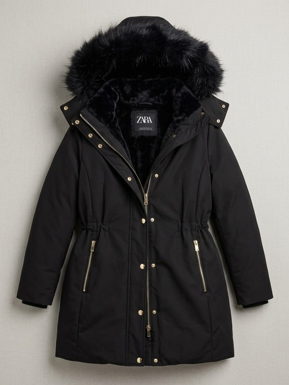 ZARA Black Parka With Faux-Fur Trimmed Hood Pre-Owned